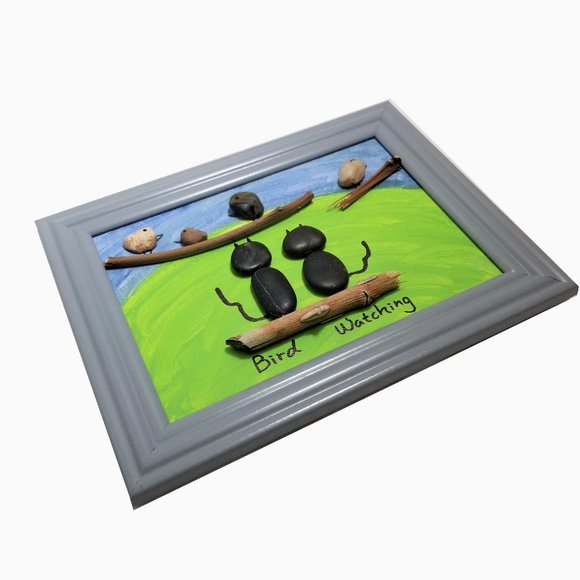 Cats Birds Watching Pebble Art Picture Hand Paint - Picture 3 of 5